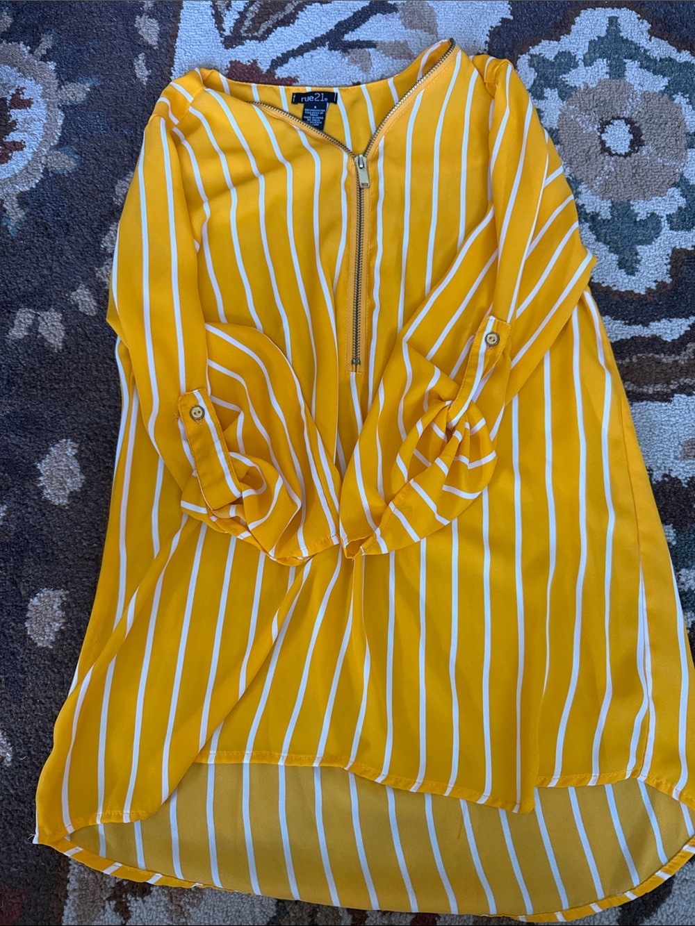 Rue21 Yellow and White Striped Zip-Front Tunic Blouse